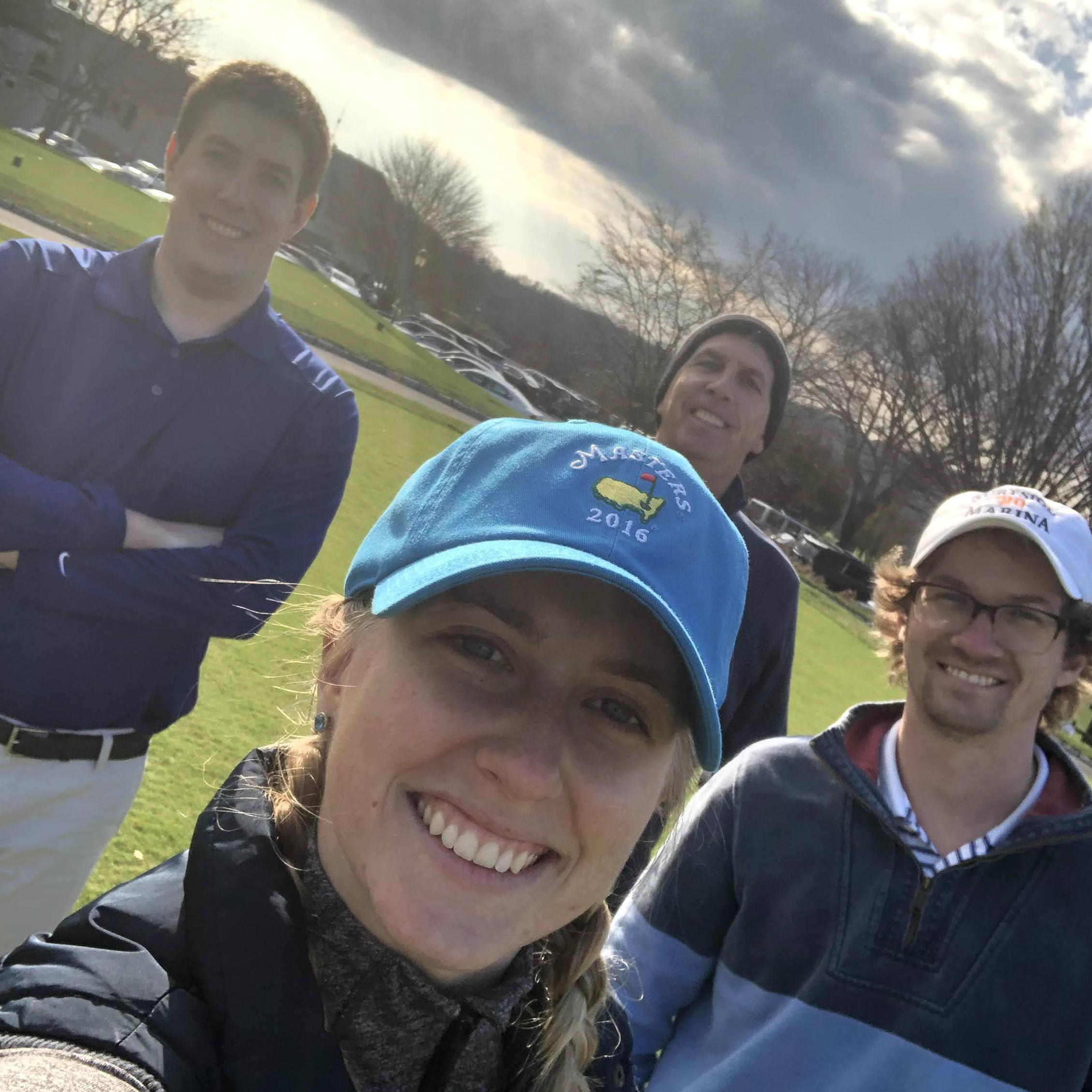 Emily and Austin golfing with Emily's dad and brother at her favorite place in the world, Overbrook. November 2020