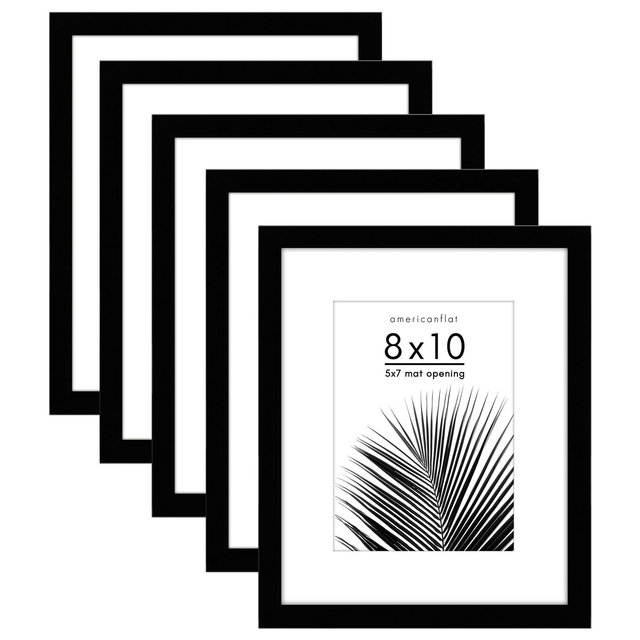 Americanflat 5 Pack of 8x10 Frames with 5x7 Mat - Plexiglass Cover - Black