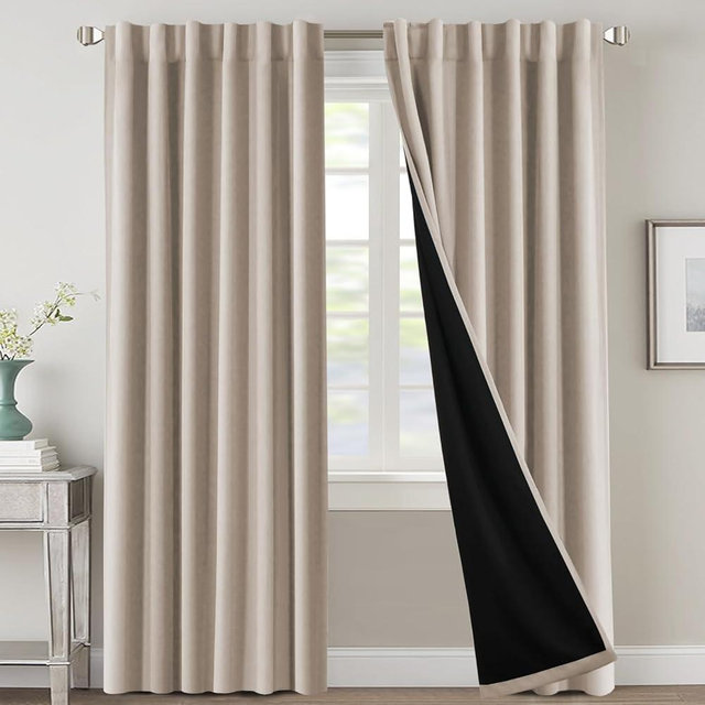 H.VERSAILTEX 100% Blackout Curtains for Bedroom with Black Liner Room Darkening Curtain 84 Inch Long Thermal Insulated Back Tab/Rod Pocket Window Treatment Drapes for Living Room, 2 Panels, Natural