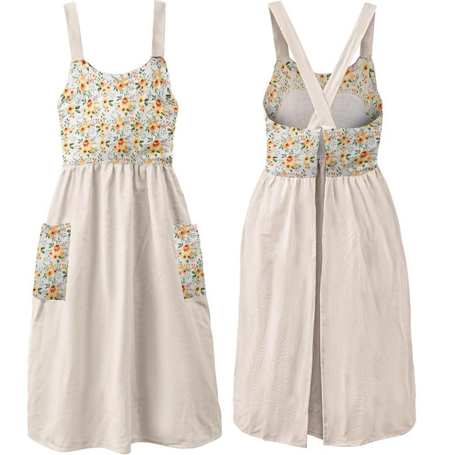 Uaussi Cotton Linen Apron Cross Back Work Apron for Women with Pockets Pinafore Dress X Cross Halter Apron for Chef Gardening