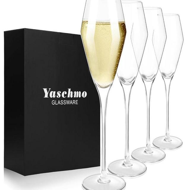 Yaschmo Champagne Flutes Glasses Set of 4, 8.4 oz Hand Blown Crystal Wedding Flutes Glasses, Elegant Tulip Glasses - Ideal Gift for Wedding, Anniversary,Christmas Day (4 Count (Pack of 1))