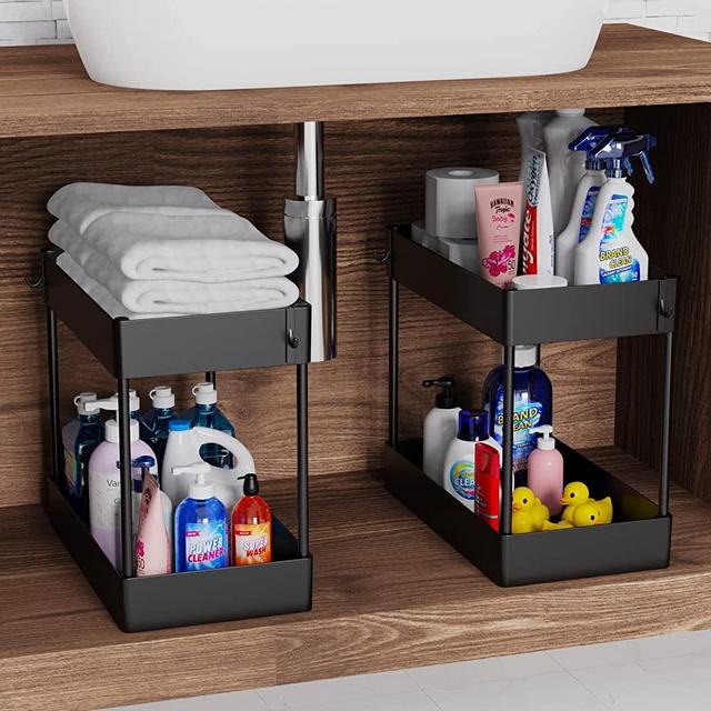 2 Pack Under Sink Organizer, 2 Tier Under Sink Organizers and Storage Bathroom Shelf Organizer Rack Multi-purpose Bath Collection Baskets for Bathroom Kitchen Countertop and Cabinet