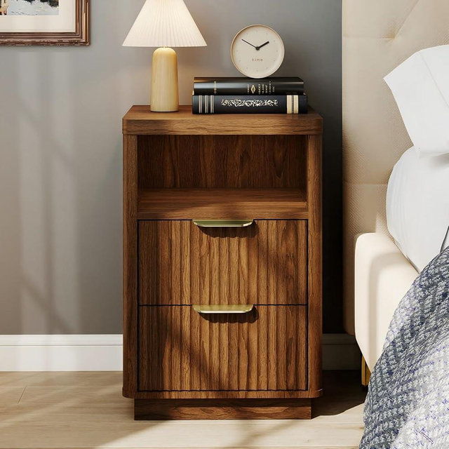 PATIOCHIC Fluted Night Stand,Mid Century Night Stand with Drawers, Morden Side Table with Metal Handle,15.7" Wooden Bedside End Table for Bedroom,Office,Brown