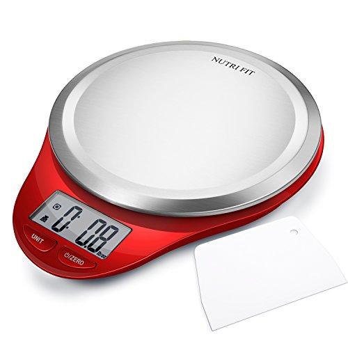 Digital Kitchen Scale with Dough Scraper, NUTRI FIT High Accuracy Multifunction Food Scale with LCD Display for Baking Kitchen Cooking,Tare & Auto Off Function (Red)