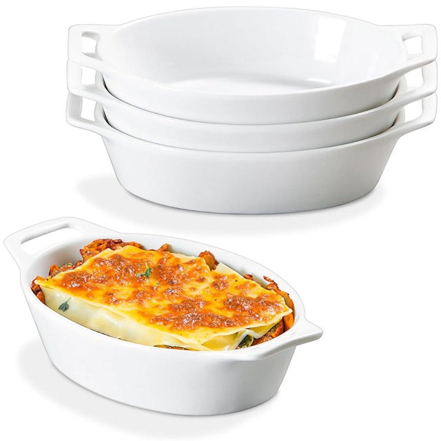 ONEMORE Au Gratin Baking Dish, 20 oz Individual Casserole Dishes for Oven Safe Ceramic Oval Baking Pan with Handles, Set of 4 Au Gratin Pans for Roasting, Lasagna, Baking Meat & Vegetables - White