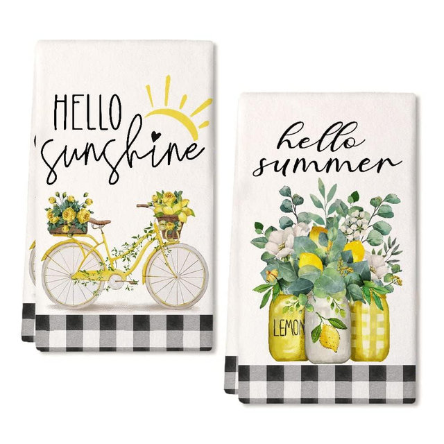 ARKENY Yellow Lemon Eucalyptus Summer Kitchen Towels Dish Towels Set of 2,Black Bike Hello Summer Hand Towels 18x26 Inch Drying Dishcloth,Farmhouse Home Seasonal Holiday Summer Decorations AD333