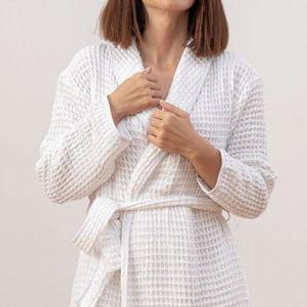 Heena Waffle Weave Unisex Bathrobe - SNOW WHITE / M
