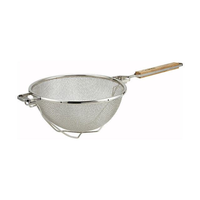 Winco Reinforced Double Mesh Strainer, Flat Handle, Stainless Steel, 10.5" dia