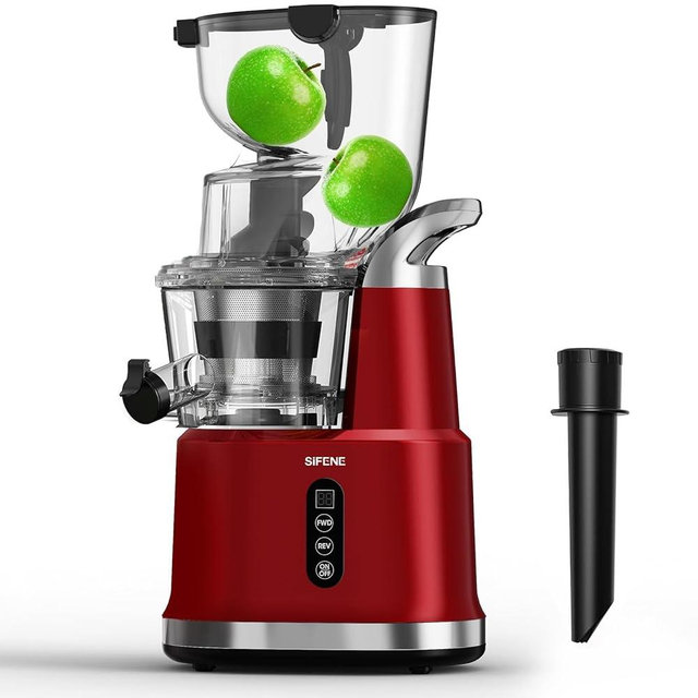SiFENE Quiet Cold Press Juicer Machine, Large 83mm Feed Chute, Whole Fruit and Vegetable Slow Masticating Juicer, High-Yield Juice Extractor, Easy to Clean, BPA-Free, Red