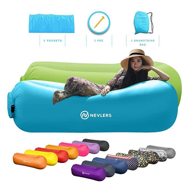 Nevlers 2 Pack Inflatable Lounger Air Sofa Perfect for Beach Chair Camping Chairs or Portable Hammock and Includes Travel Bag Pouch and Pockets | Easy to Use Camping Accessories