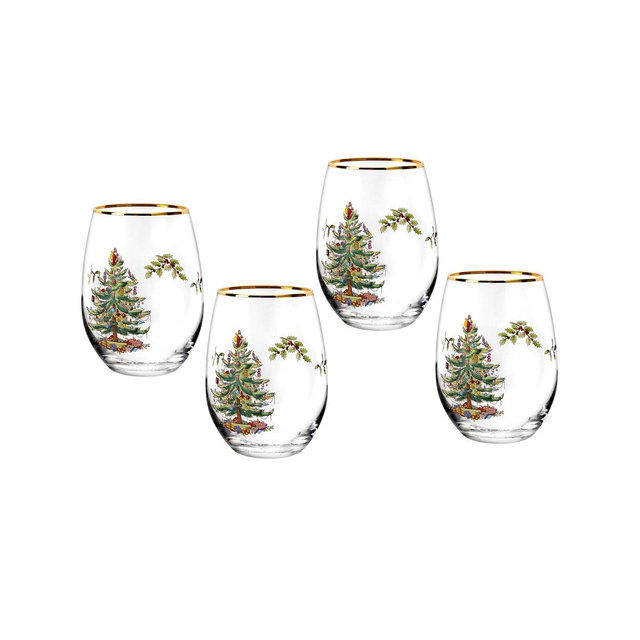 Spode Christmas Tree 19 oz. Stemless Wine Glasses, Set of 4