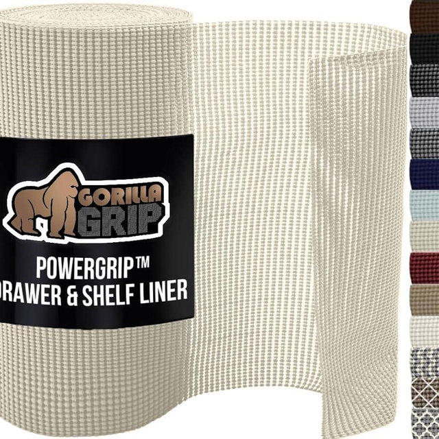 GORILLA GRIP powerGRIP Drawer Shelf and Cabinet Liner, Thick Strong Hold, Non-Adhesive Liners Protect Kitchen Cabinets and Cupboard, Bathroom Drawers, Easy Install, Breathable Mat, 12" x10' Cream