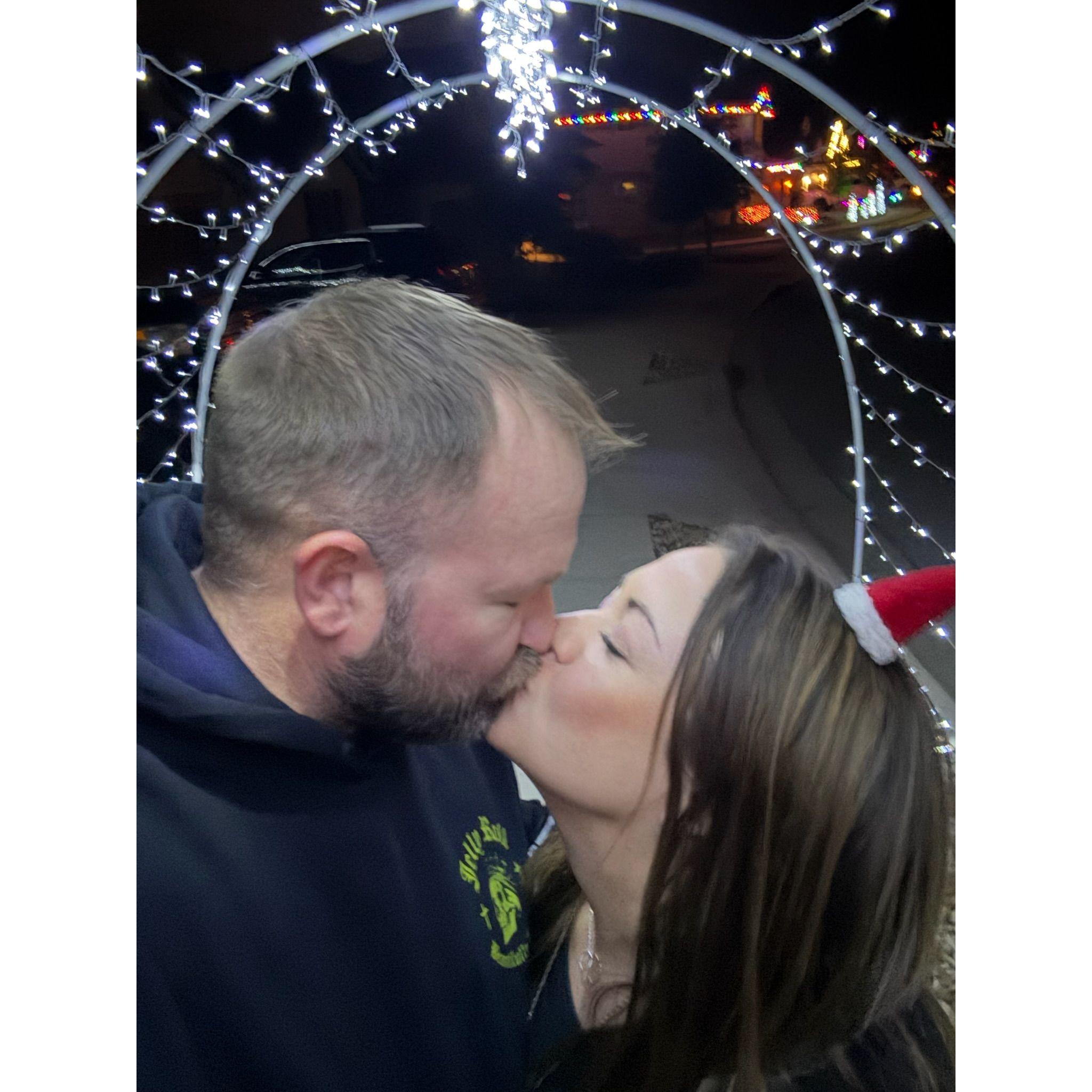 Right BEFORE Mike purposed to Robyn on December 22, 2024 in our neighborhood under a Christmas Light Tunnel!