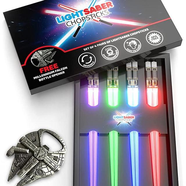 Lightsaber Chopsticks | Star Wars Gifts and Toys for Kids | LED Light Up Reusable Dishwasher Safe Chopstick | Fun Kitchen and Sushi Accessories | Chop Sticks Light Saber | 4 PAIRS & FREE BOTTLE OPENER