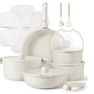 CAROTE Pots and Pans Set Non Stick, Cookware Sets, 18pcs Kitchen Set, Oven/Fridge Safe, Space Saving Pots Set, Nonstick Set with Versatile Removable/Detachable Handle, Induction RV Set, Cream White