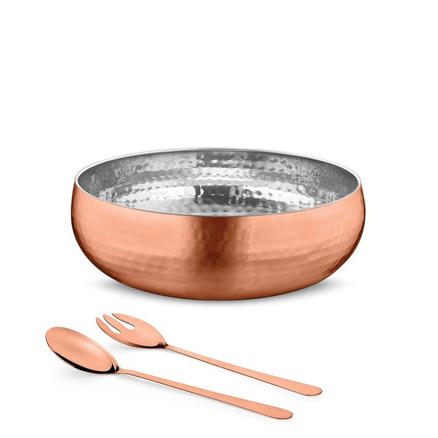 Avador® Set of 3 Premium Stainless Steel Salad Mixing Bowl Hammered Finish | Handmade | Includes Salad Serving Utensils (Rose Gold)