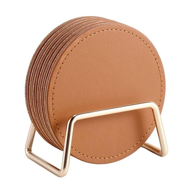 CASEGRACE Drink Coasters with Metal Holder Stand Set of 6, PU Leather Coasters with Cork Base Table Coaster Set Decorative Coffee Cup Coasters Housewarming Gift for Home Decor