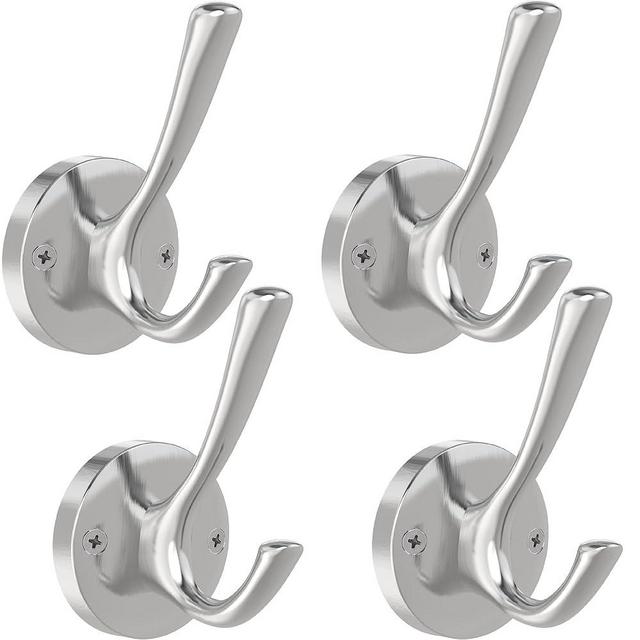 TOFIIGREM Brushed Nickel Wall Hooks, 4 Pack Heavy Duty Coat Towel Hook Metal Double Hook Wall Mounted Hanging, Bath Towel Hooks for Entryway Cubicle Bathroom Closet Garage