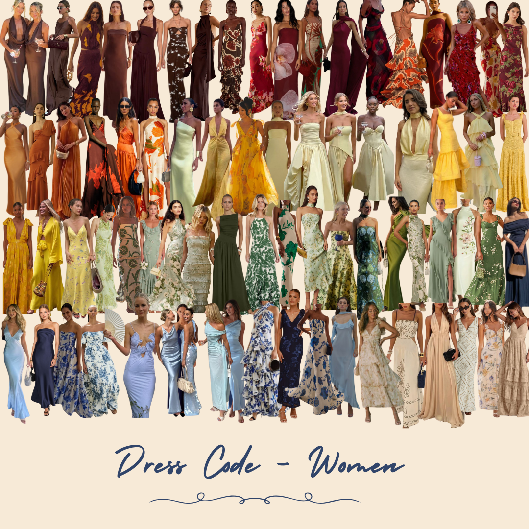 From flowing maxis to structured moments; these are the kinds of dresses that bring the palette to life without being too formal or fussy.