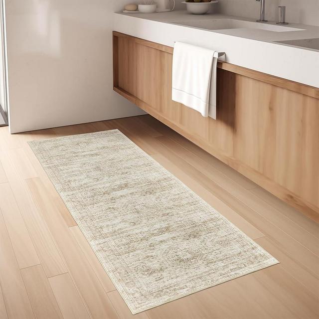 Restydon Washable Runner Rugs for Bedroom - 2x6 Runner Rug Non Slip, Ultra-Thin Entryway Runner, Soft Abstract Kitchen Runner for Hallway, Laundry, Bathroom, Indoor Door Mat(2'x6', Beige/Ivory)