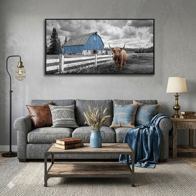 Rustic Farmhouse Barn Wall Decor - Highland Cow Wall Art,Black and White Retro Landscape Picture,Vintage for Artwork,Canvas Painting for Living Room,Bedroom,Kitchen Decoration Framed Size 20×40