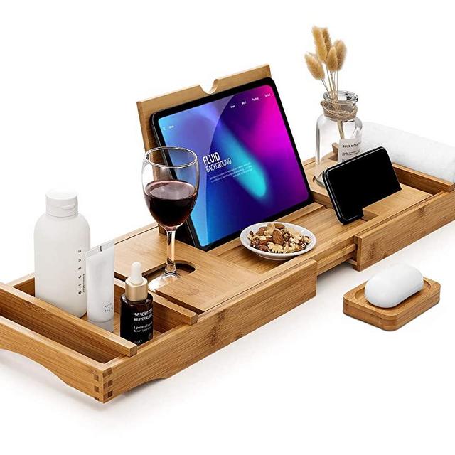 HBlife Bamboo Bathtub Caddy Tray [Durable, Non-Slip], One or Two Person Bath and Bed Tray, Extending Sides Fits Any Tub, Cellphone iPad and Wineglass Holder, Free Soap Holder -Natural Color