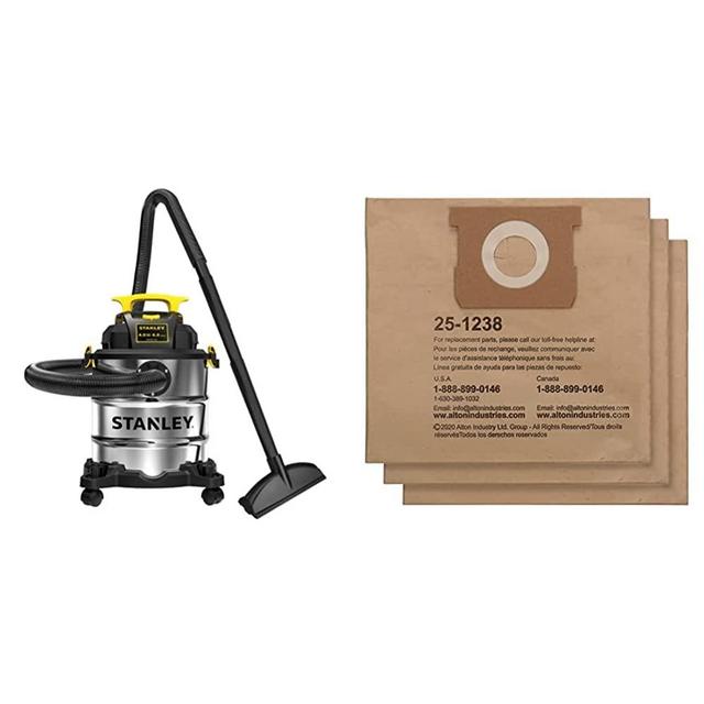 Stanley SL18116 Wet/Dry Vacuum, 6 Gallon, 4 Horsepower, Stainless Steel Tank, 4.0 HP, Silver+Yellow & Original Manufacturer Filter Bags for Porter-Cable and Stanley 4 Gallon Wet/Dry Vacuum - 3 Pack