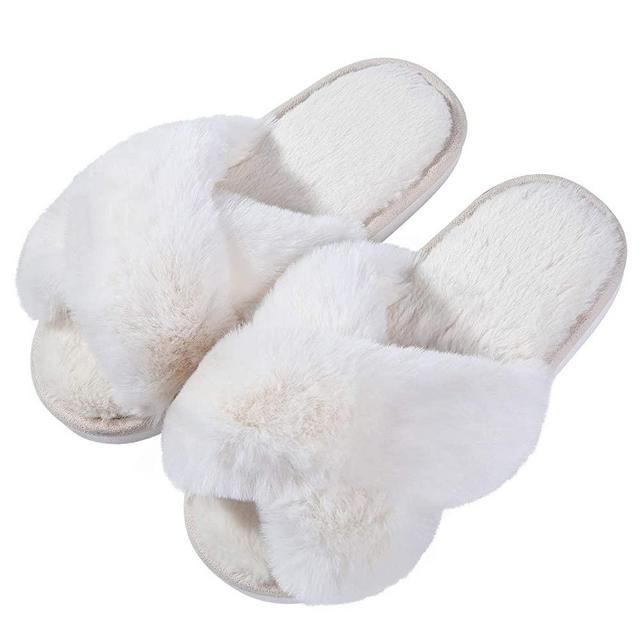 Evshine Women's Fuzzy Slippers Cross Band Memory Foam House Slippers Open Toe