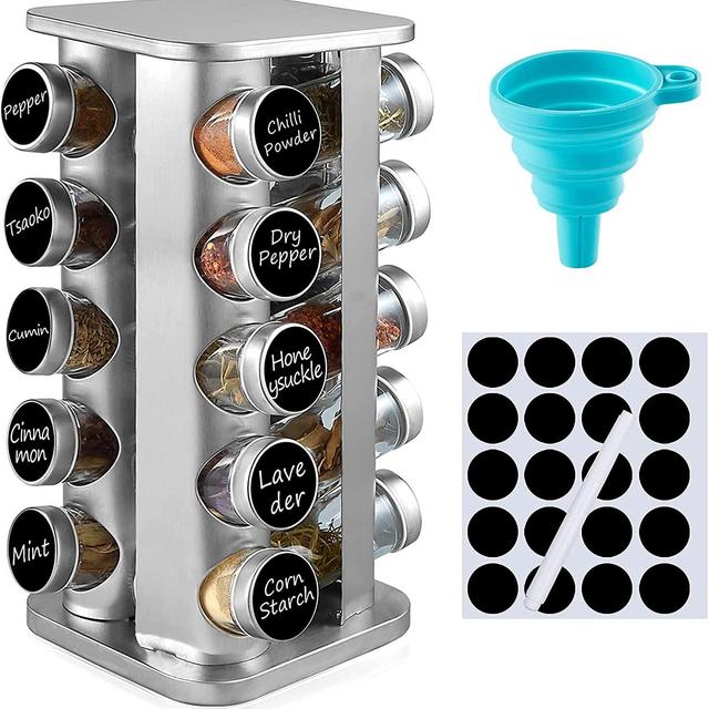 defway Spice Rack Organizer for Cabinet - Stainless Steel Seasoning Organizer for Kitchen with Reuseable Labels and Funnel, 20 Jars (Square)