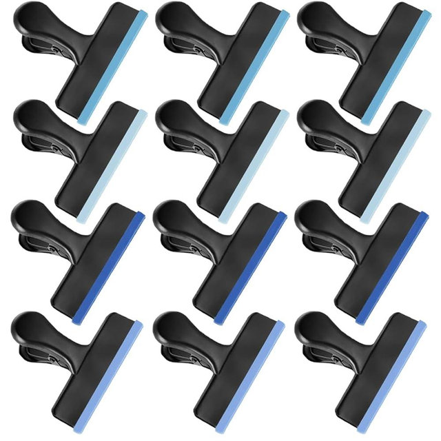HOUSE AGAIN 12 Pack Stainless Steel Chip Bag Clips Covered with Blue Silicone - NO More Sharp Edges - Color Coded for Food Bags - Air Tight Seal, Heavy Duty for Kitchen and Office, 3 Inches-Black