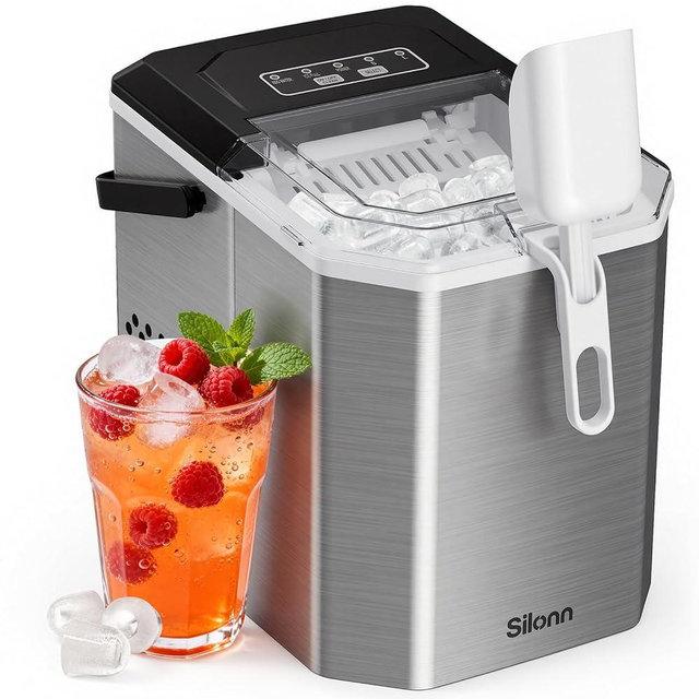 Silonn Ice Maker Countertop, Stainless Steel Portable Ice Machine with Carry Handle, Self-Cleaning Ice Makers with Basket and Scoop, 9 Cubes in 6 Mins, 26 lbs per Day