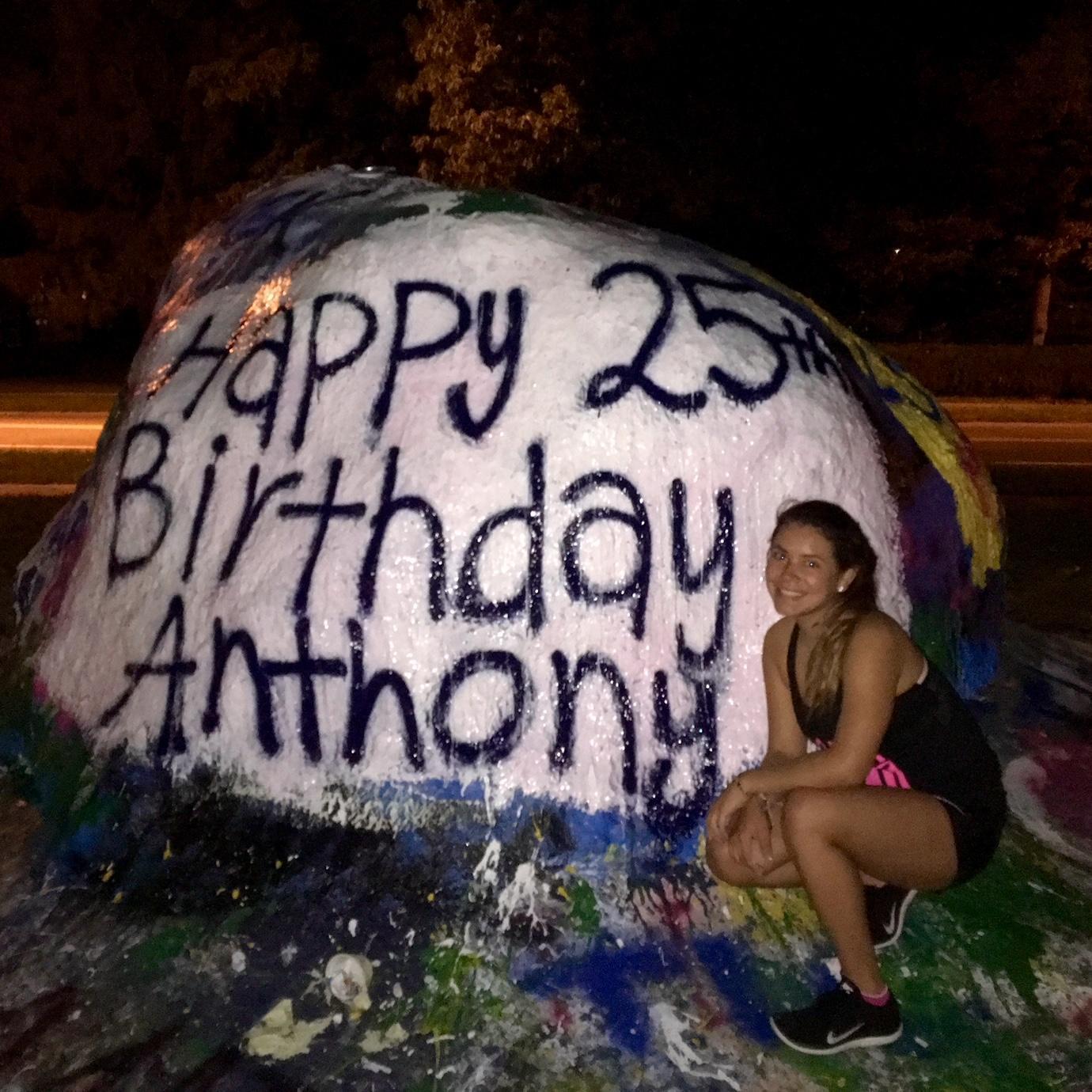 Tana painted the rock for Anthony's 25th birthday, an Ann Arbor tradition! | Tana pintó la piedra para el cumpleaños 25 de Anthony, ¡una tradición de Ann Arbor!