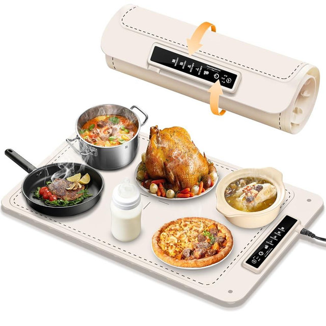 Food Warmer Electric Warming Tray Full Surface Silicone Heating Mat Food Warmer Foldable Hot Plates 4 Temperature Levels for Buffets Party Keep Warm Heating Tray Gatherings Gifts (Beige)