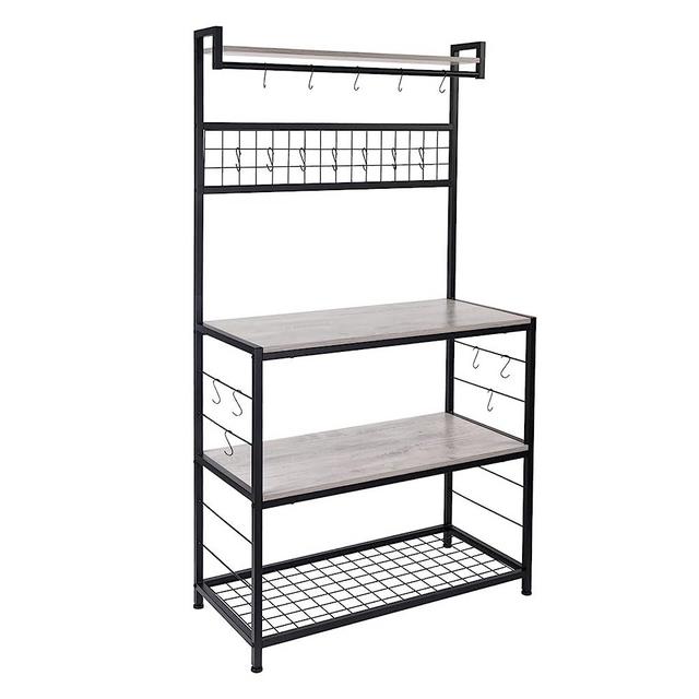 HOMEKOKO Kitchen Bakers Rack with 16 Movable Hooks, 3-Tier Microwave Oven Stand with Storage for Cooking Utensils, Industrial Style Kitchen Storage Shelves for Plates, Pans and Pots (Greige)