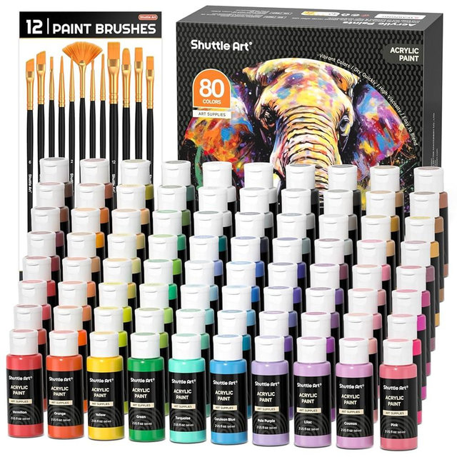 Shuttle Art 80 Colors Acrylic Paint, Acrylic Paint set with 12 Paint Brushes, 2oz/60ml Bottles, Rich Pigmented, Premium Paints for Artists, Beginners and Kids on Canvas Rocks Wood Ceramic