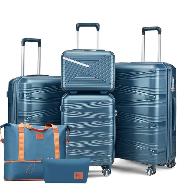 TRAVELEO 6 Piece Luggage Set Hardshell, Expandable Suitcase Set with Spinner Wheels (20/24/28), Includes 14" Cosmetic Case, Travel Duffel & Toiletry Bag, Lightweight TSA Lock Nested Set (Peacock Blue)