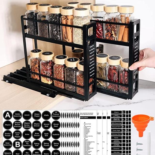 LaVie Home Pull Out Spice Rack Organizer for Cabinet with 20 Wood Tops Spice Jars and 844 Spice Labels, Slide Out Vertical Seasoning Spice Organizer for Cabinet, Pantry and Kitchen, 2 Tiers