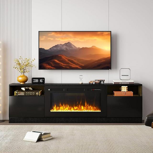 Breezestival Fireplace TV Stand with Two Hinged Doors for TVs UP to 80", Modern Electric Fireplace Entertainment Center with LED Lights & Storage Cabinets, TV Stand for Living Room 70" Black