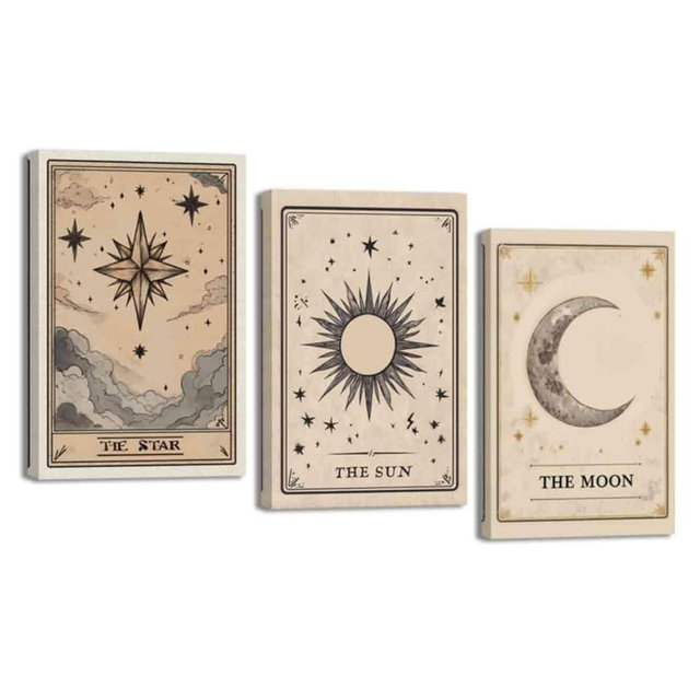 ZSHDEYMTOP Celestial Canvas Wall Art 3 Pieces Sun and Moon Celestial Picture Print Tarot Astrology Painting Moon And Stars Posters Tarot Artwork for Bedroom Home Decor (20.00" x 28.00" x 3PCS)