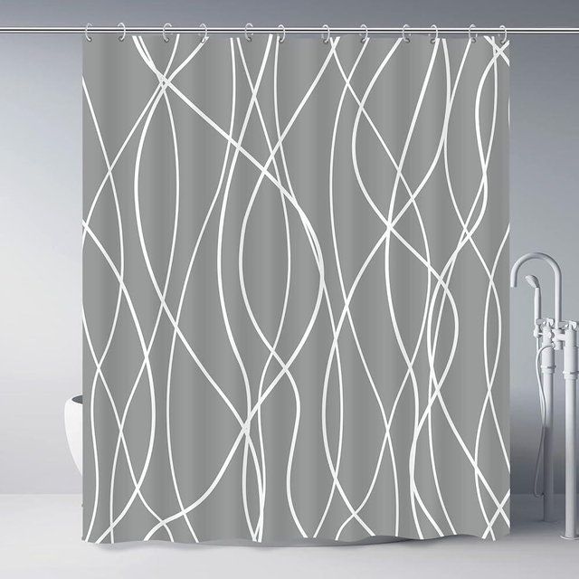 Punkray Dark Grey Shower Curtain for Bathroom with Hooks Shower Curtain Set, White Stripe Bath Curtains Decorative Shower Curtains Water Repellent Washable, 72 x 72