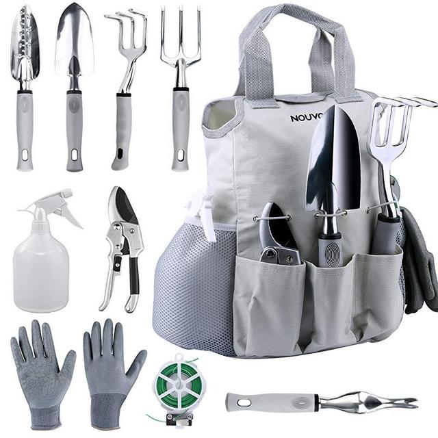 NOUVCOO Upgraded Garden Set 10 Pieces Stainless Steel Hand Tool Kit,Durable, Shovel,Fork,Rake,Shears,Weeder,Gloves, Storage Tote Bag,Pruner, Water Sprayer,Plant Ties NC24