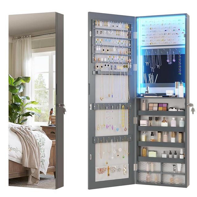Vlsrka 47.2" LED Grey Jewelry Mirror Cabinet, Wall/Door Mounted Jewelry Armoire Organizer with Full-Length Mirror, Large Capacity Storage Hanging Cabinet, 4 Drawers, 5 Shelves, Built-in Lighted Mirror