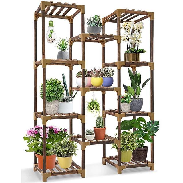 Plant Stand Indoor Outdoor, HOMKIRT 11 Tier Reinforced Plant Shelf for Indoor Multiple Plants Tall Large Wood Plant Holder Rack Garden Shelf Flower Stand for Patio Living Room Corner