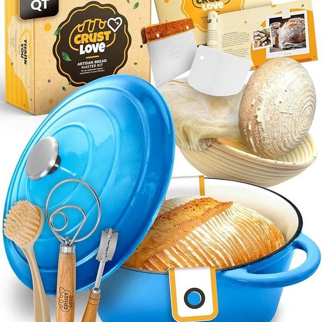CRUSTLOVE Dutch Oven for Bread Baking - incl. Sourdough Bread-Baking Supplies like Banneton Bread-Proofing Basket - 5QT Enameled Cast Iron Bread-Oven with Lid, Bread-Pan Sour Dough Starter Kit
