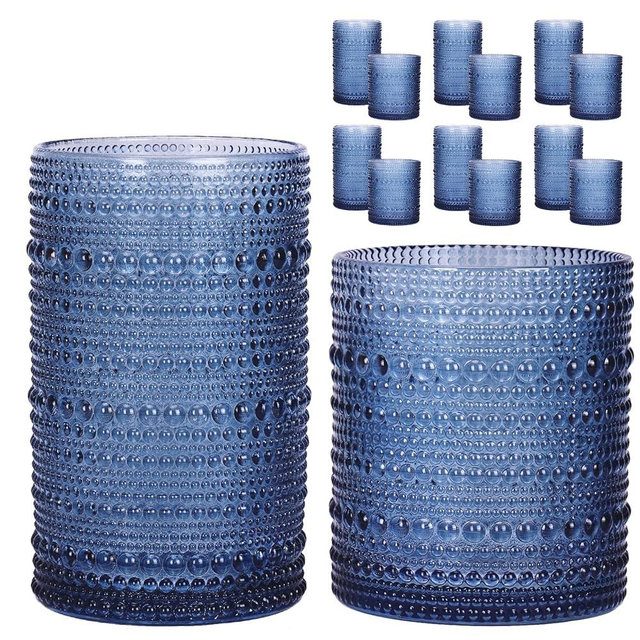 Moretoes Hobnail Drinking Glasses, 12 Piece Blue Water Glass Cups, Mixed Vintage Glassware Set, 6pcs 12oz Highballs and 6pcs 10oz old Fashioned Glasses, Great for Cocktail, Whisky and other Beverages