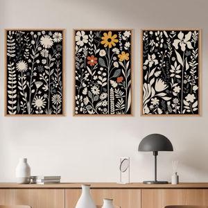 Floral Framed Canvas Wall Art Set,Mid Century Black Flower Leaf Wall Decor,Retro Dark Wildflower Artwork,Minimalist Botanical Art Print for Living Room,Bedroom,Office-16"x24"x3