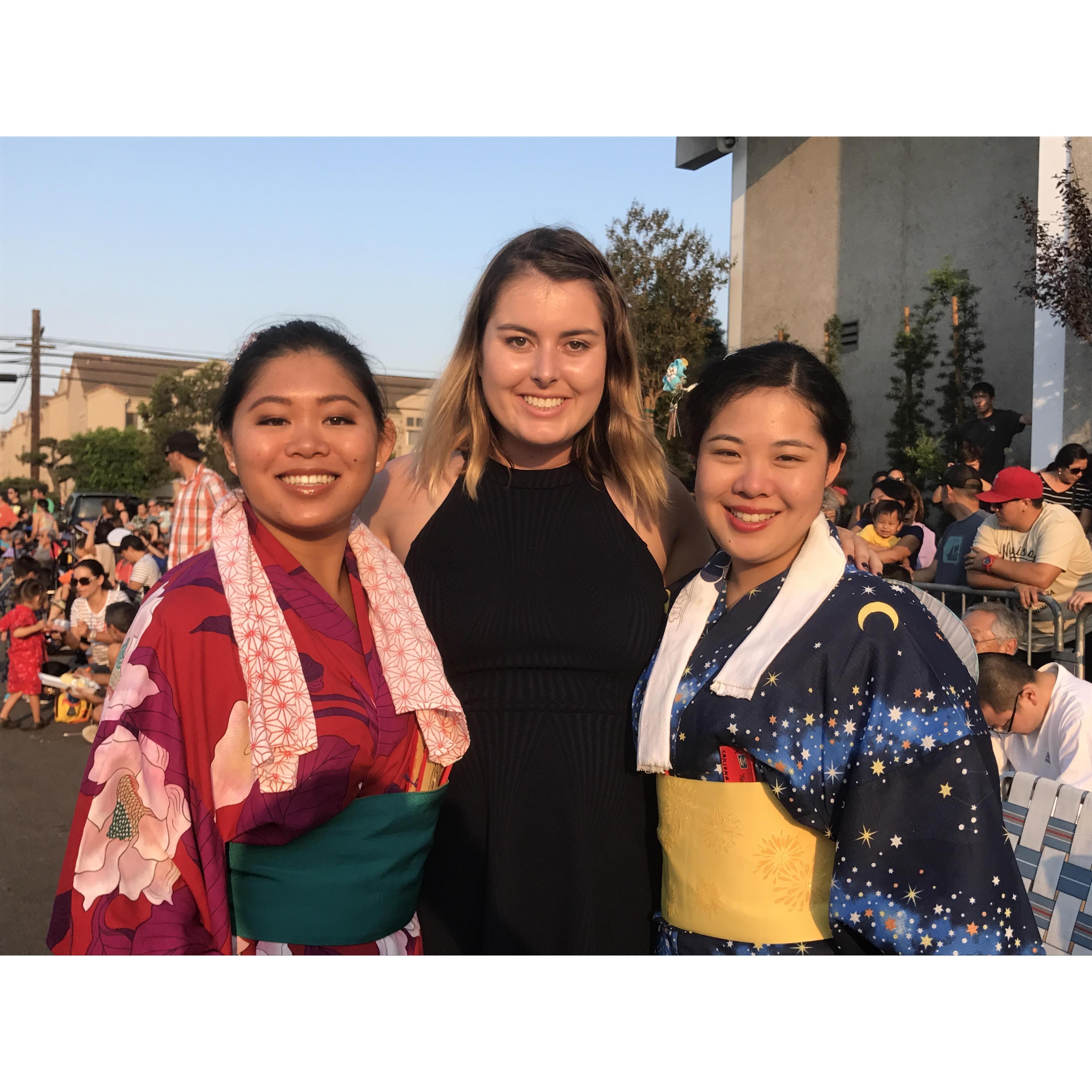 Kalia, Katherine, and Nicole at Orange County Buddhist Church celebrating Obon, a Japanese holiday honoring the dead
