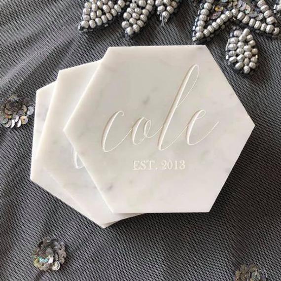 Personalized Marble Hexagon Coasters, Geometric Coasters, Marble Coasters, Modern Coasters, Engraved Marble Coasters, Engraved Coasters