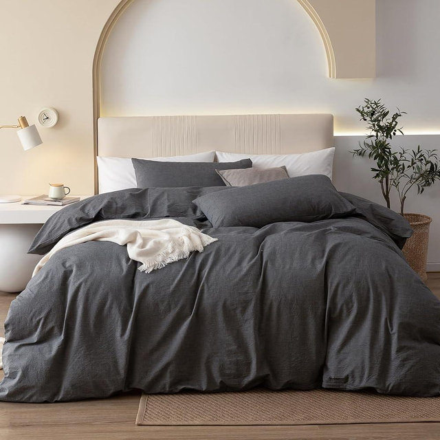 JIYUAN 100% Washed Cotton Duvet Cover Set Comfy Simple Style Soft Breathable Textured Durable Linen Feel Bedding for All Seasons Cal King, Solid Dark Grey