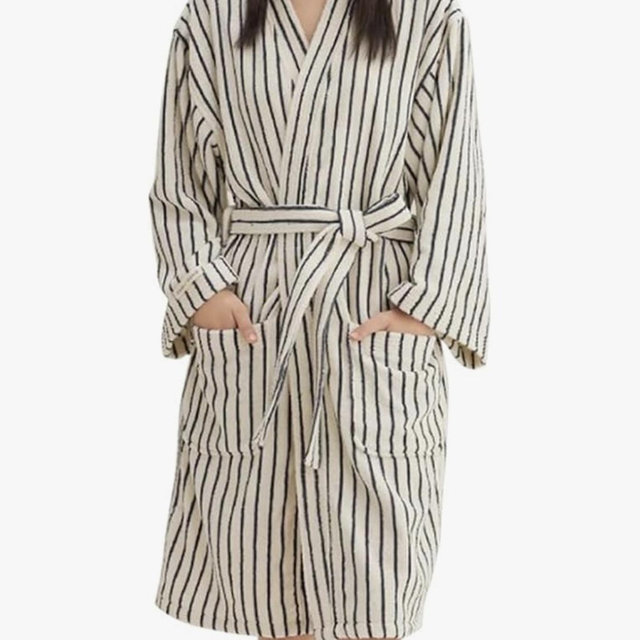QYFHJGFR Cotton Terry Stripe Bathrobe For Women And Men,Luxury Kimono Soft Terry Cloth Robe,Comfortable Loungewear Nightwear